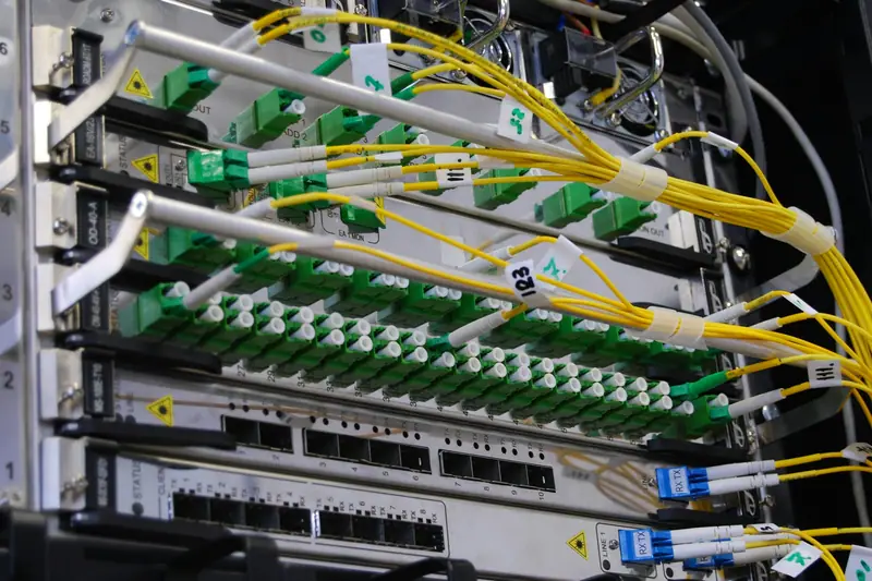 Fibre optic cables connected to a network switch in a server rack