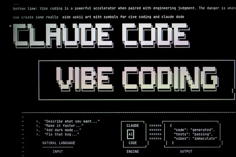 Screen showing the words Claude Code and vibe coding in pixel type