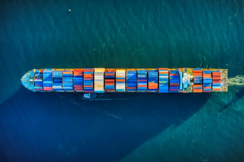 A container ship at sea, seen from above