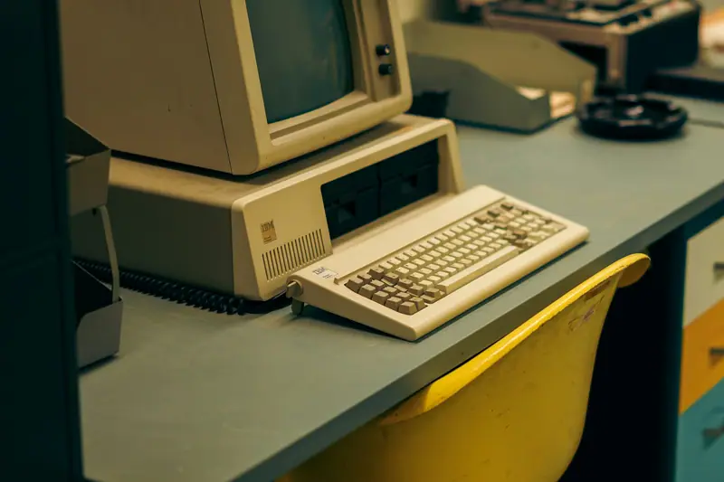 An old IBM PC with keyboard on a desk