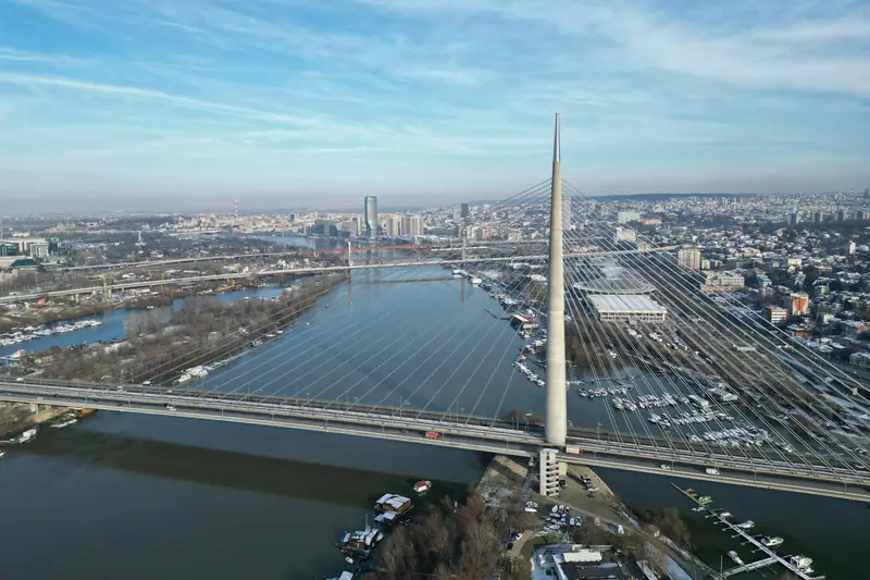 Belgrade from above, with the Ada bridge over the Sava